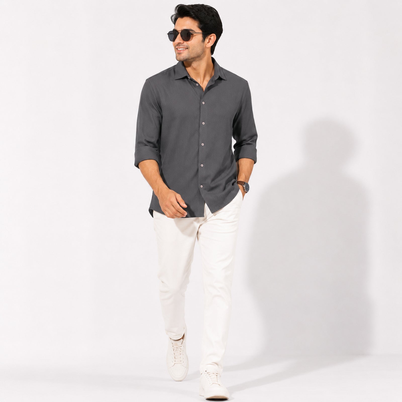 Men's Solid Grey Casual Full Sleeve Shirt-3