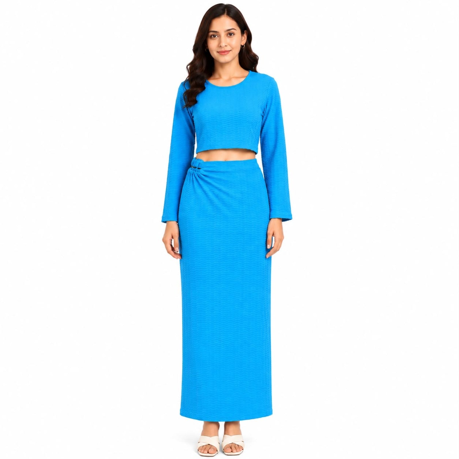Women's Blue Long Sleeve Crop Top and Maxi Skirt Co-Ord Set-1
