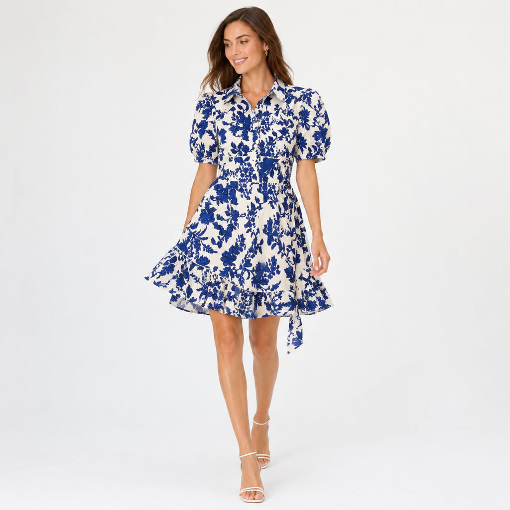 Women's Blue Floral Print Collared Puff Sleeve Fit and Flare Mini Dress | Elegant Casual Day Dress-1