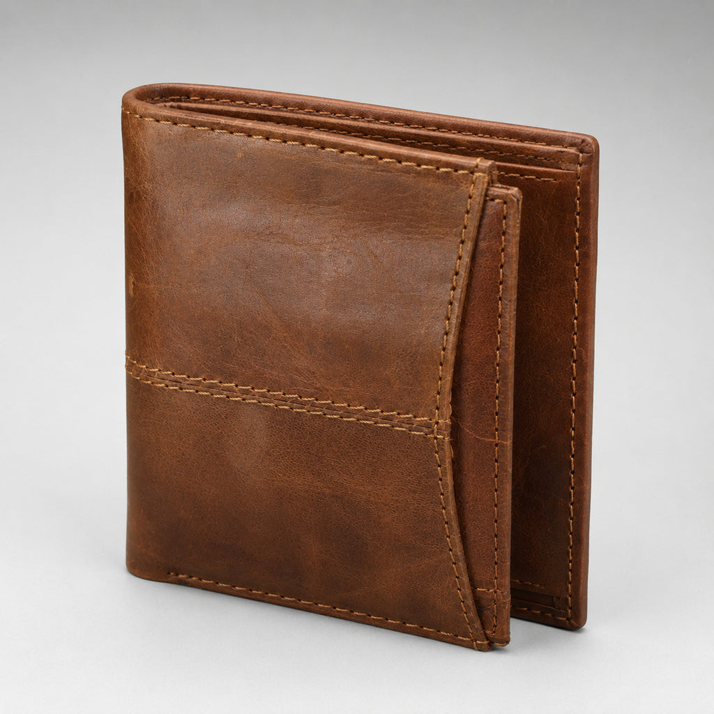 Women's Luxury Tan Brown Leather Vertical Trifold Wallet with Contrast Stitch Detail-2