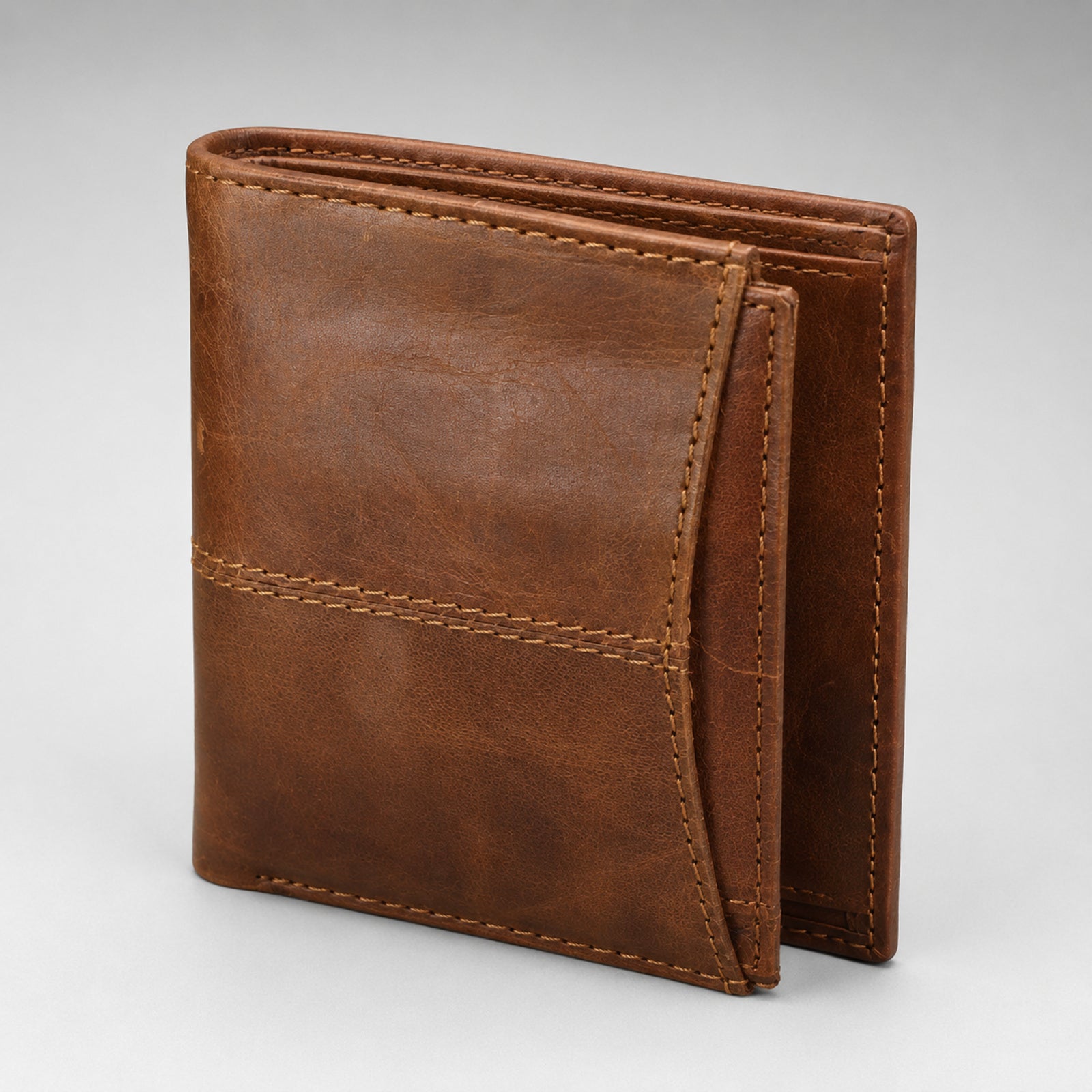 Women's Luxury Tan Brown Leather Vertical Trifold Wallet with Contrast Stitch Detail-2