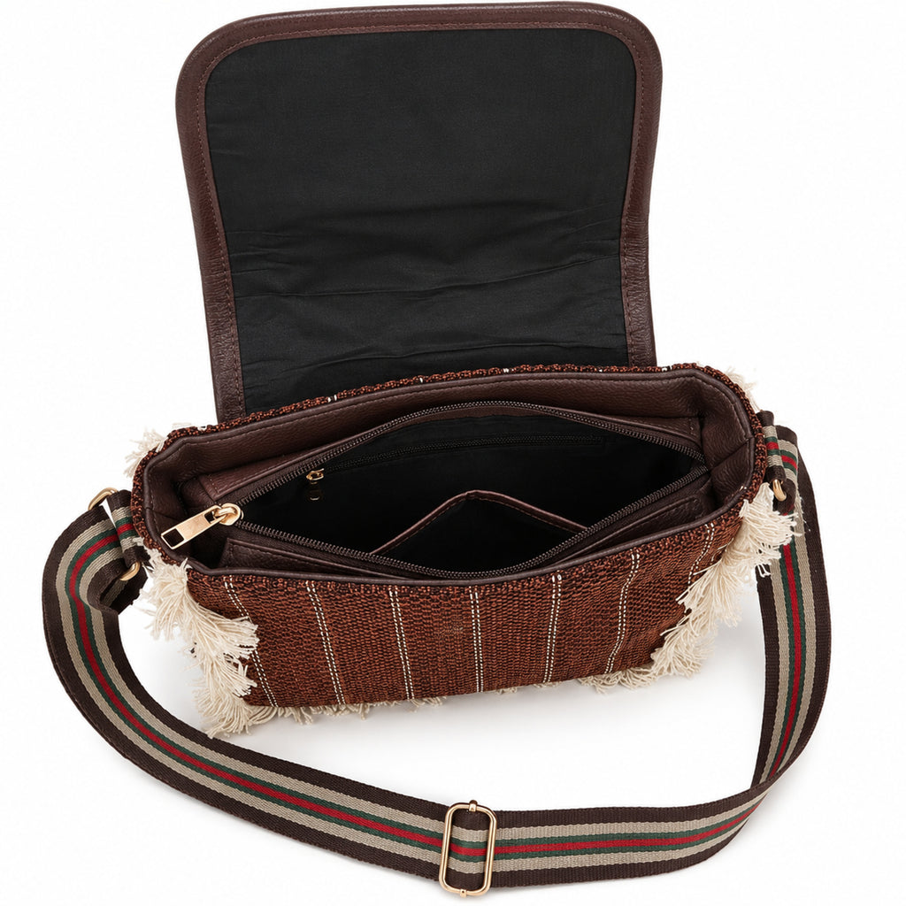 Women's Red Textured Fringe Crossbody Sling Bag with Adjustable Strap-4