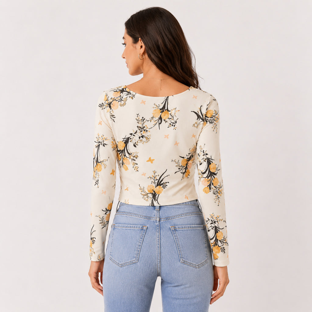 Women's Beige Floral Printed Full Sleeve Top-4