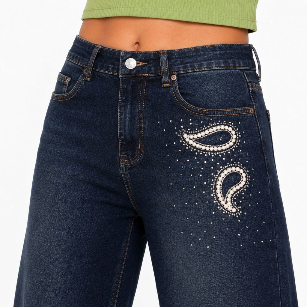 Women's Navy Blue Embellished Ultra Wide Leg Jeans | High-Rise Premium Denim-2