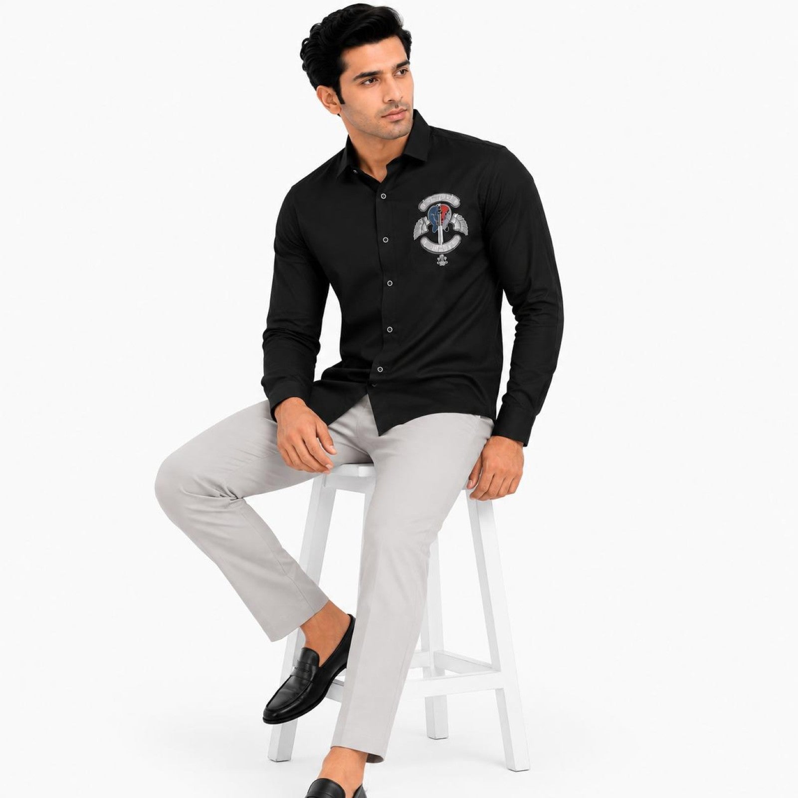 Men's Black Emblem Detail Full Sleeve Casual Shirt-3