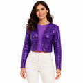 Women's Purple Sequin Mesh Panel Cropped Top | Full Sleeve Party Wear Blouse-1