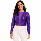 Women's Purple Sequin Mesh Panel Cropped Top | Full Sleeve Party Wear Blouse-1