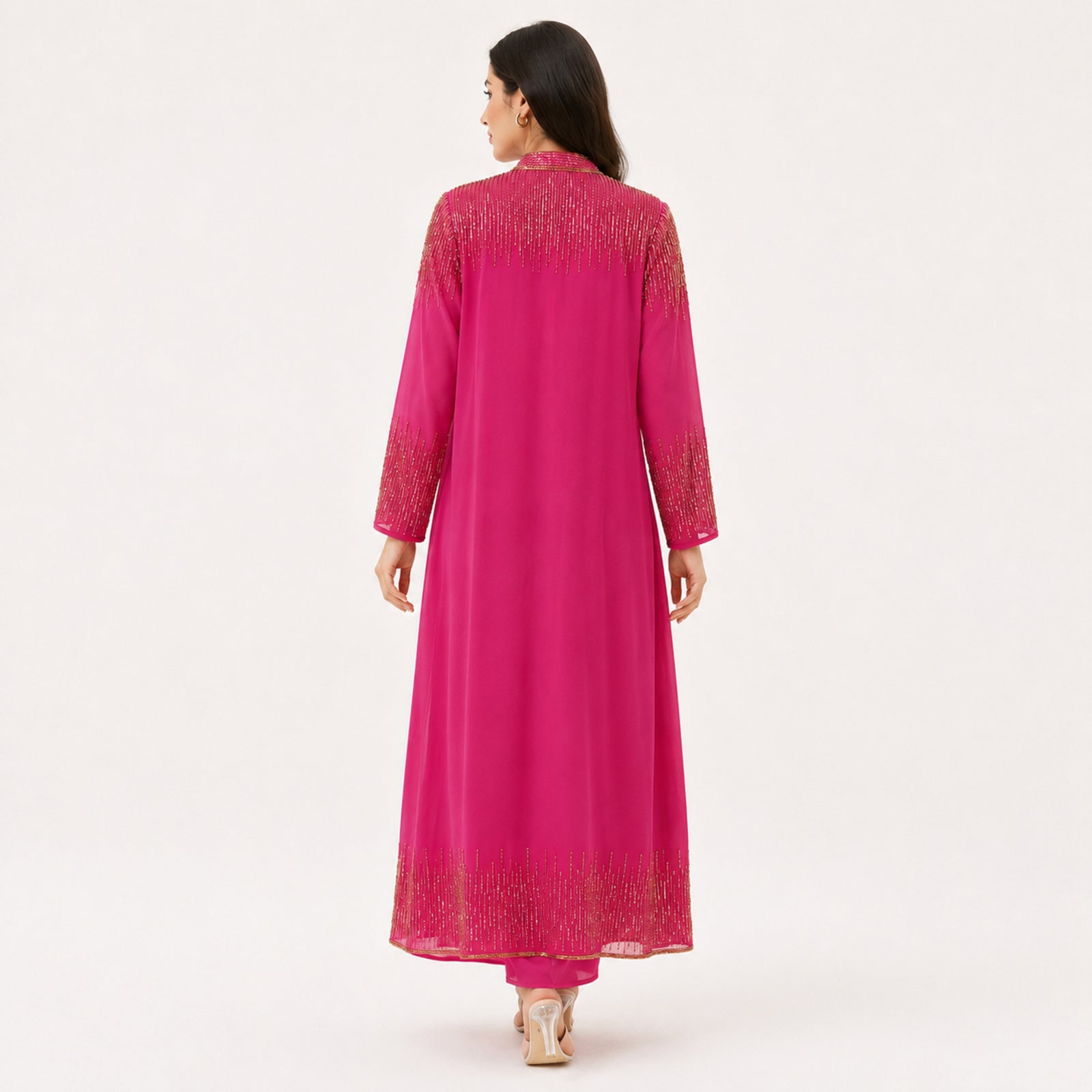 Women's Hot Pink Embellished Layered Maxi Dress with Long Shrug | Ethnic Party Wear Ensemble-4
