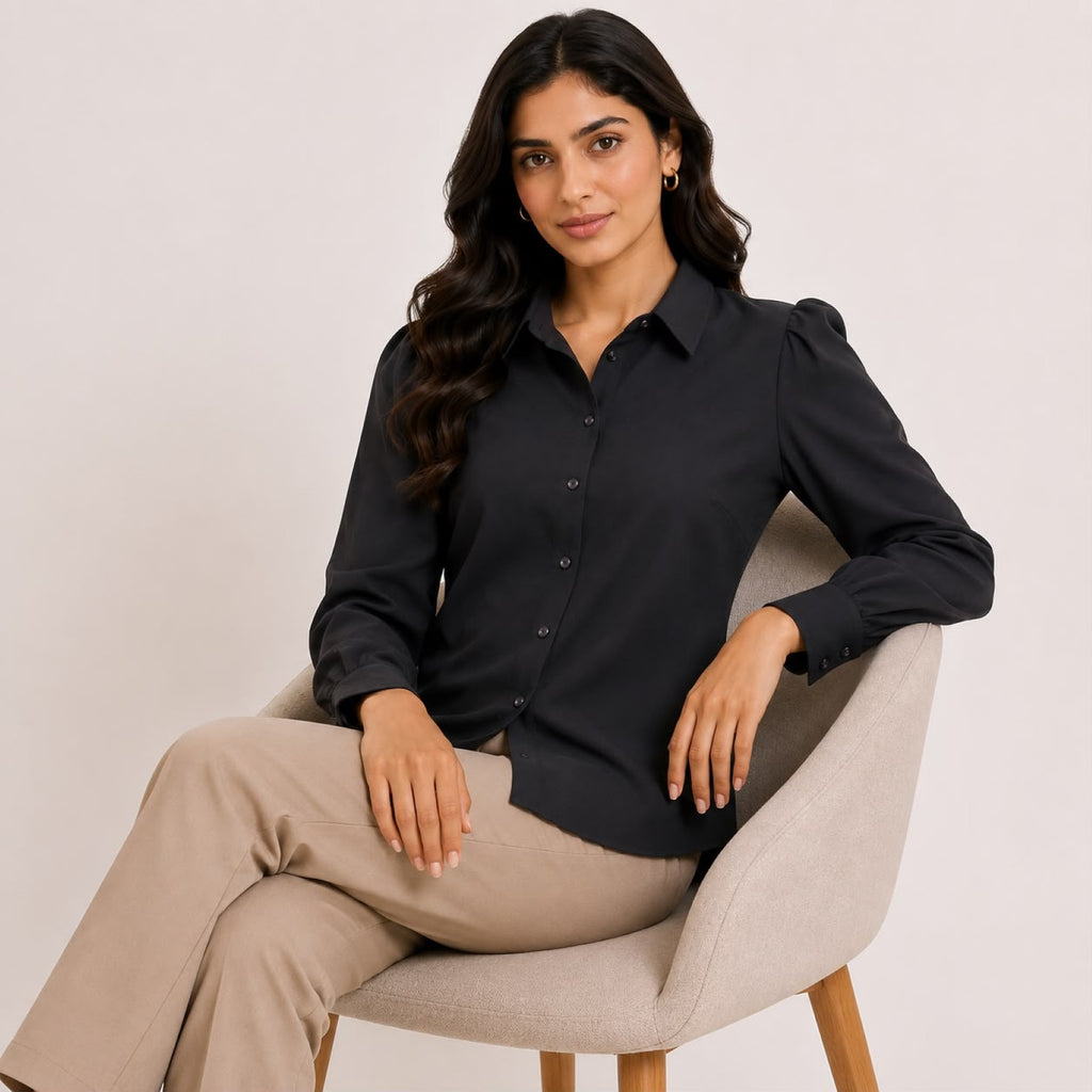 Women's Black Full Sleeve Collared Button-Down Shirt-3