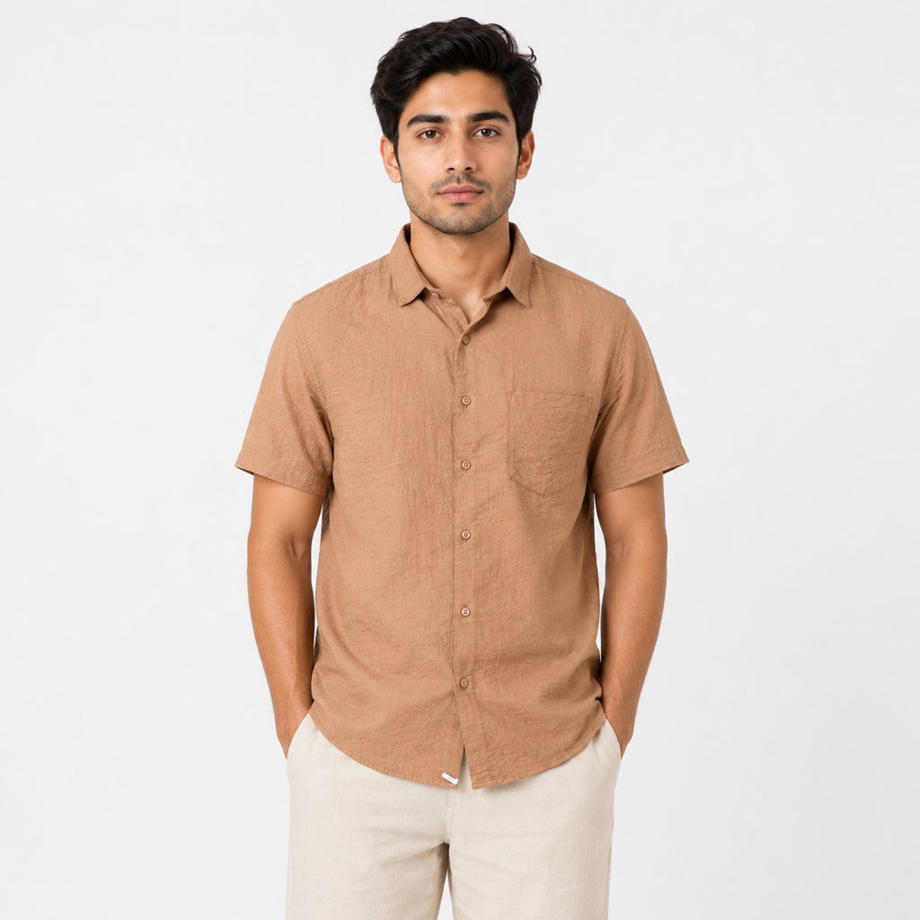 Men's Rustic Brown Textured Half Sleeve Casual Shirt-1