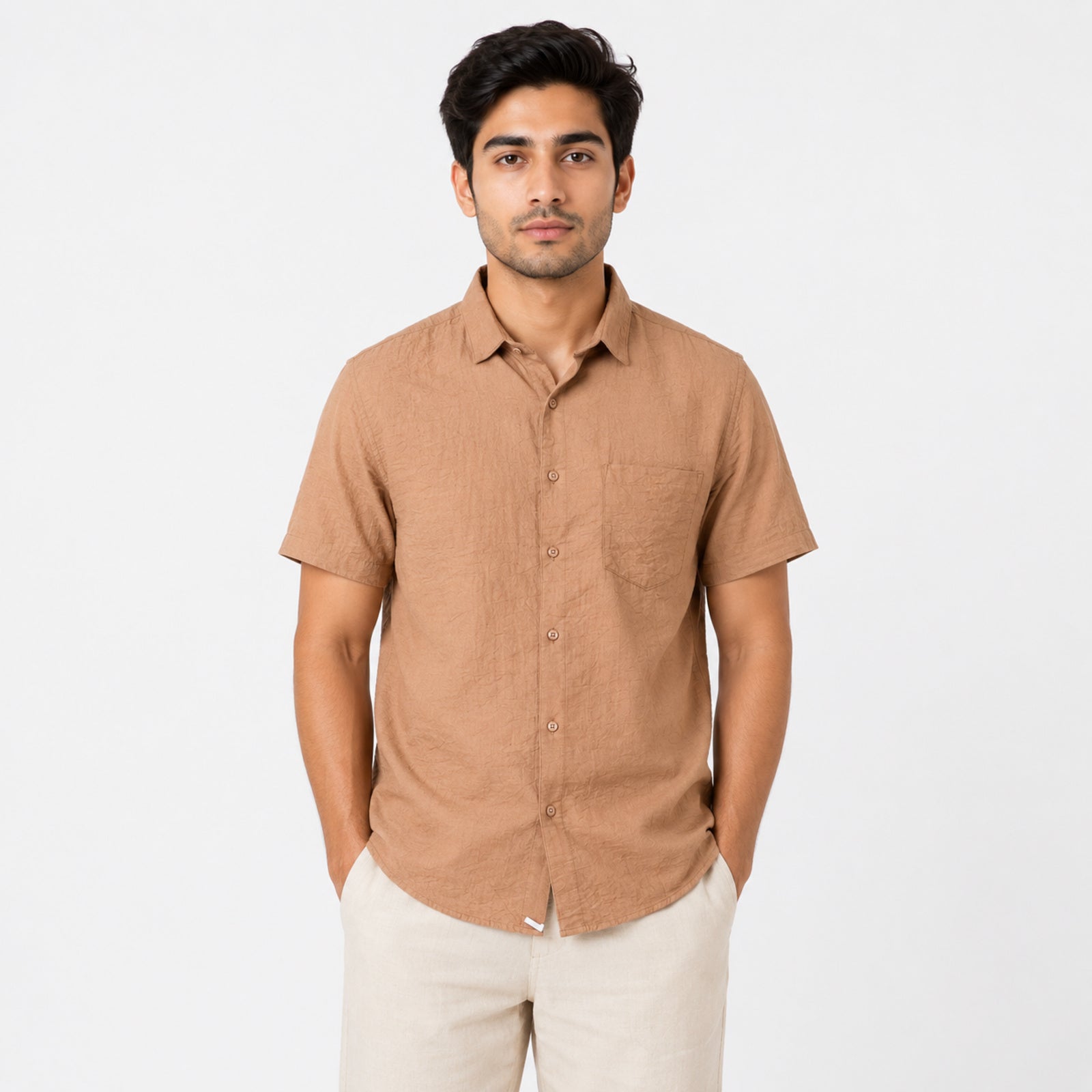 Men's Rustic Brown Textured Half Sleeve Casual Shirt-1