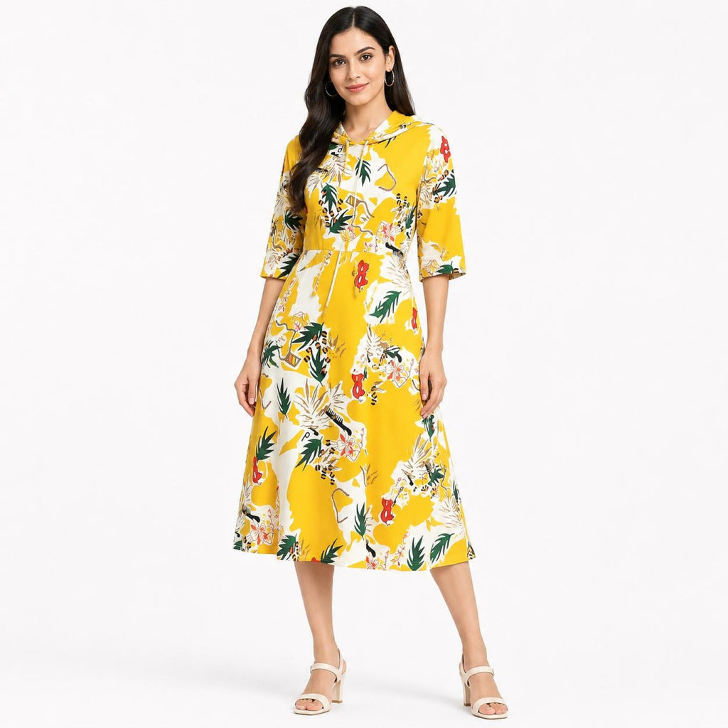 Women's Yellow Floral Printed Hooded Midi Dress with 3/4 Sleeves | Casual A-Line Dress-1