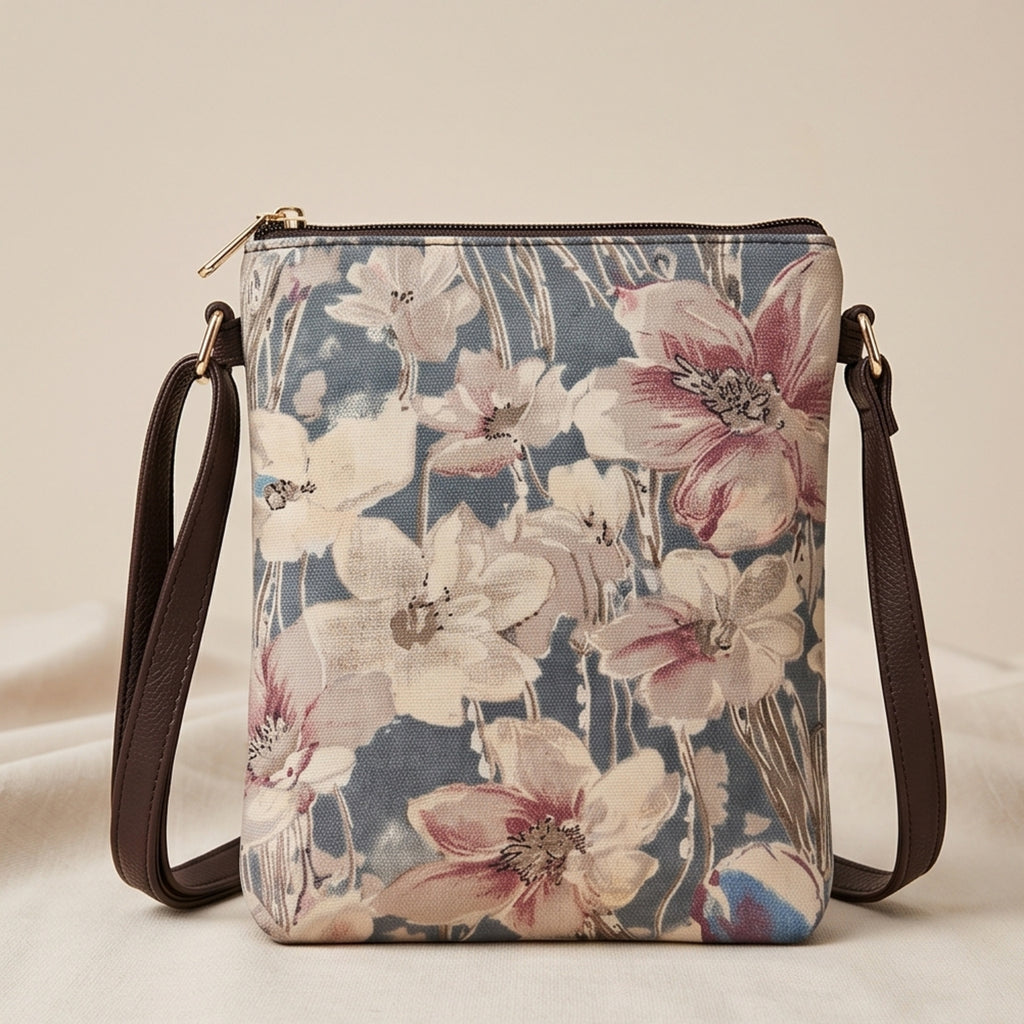 Women's Cream Floral Print Crossbody Sling Bag with Multi-Zip Compartments-2