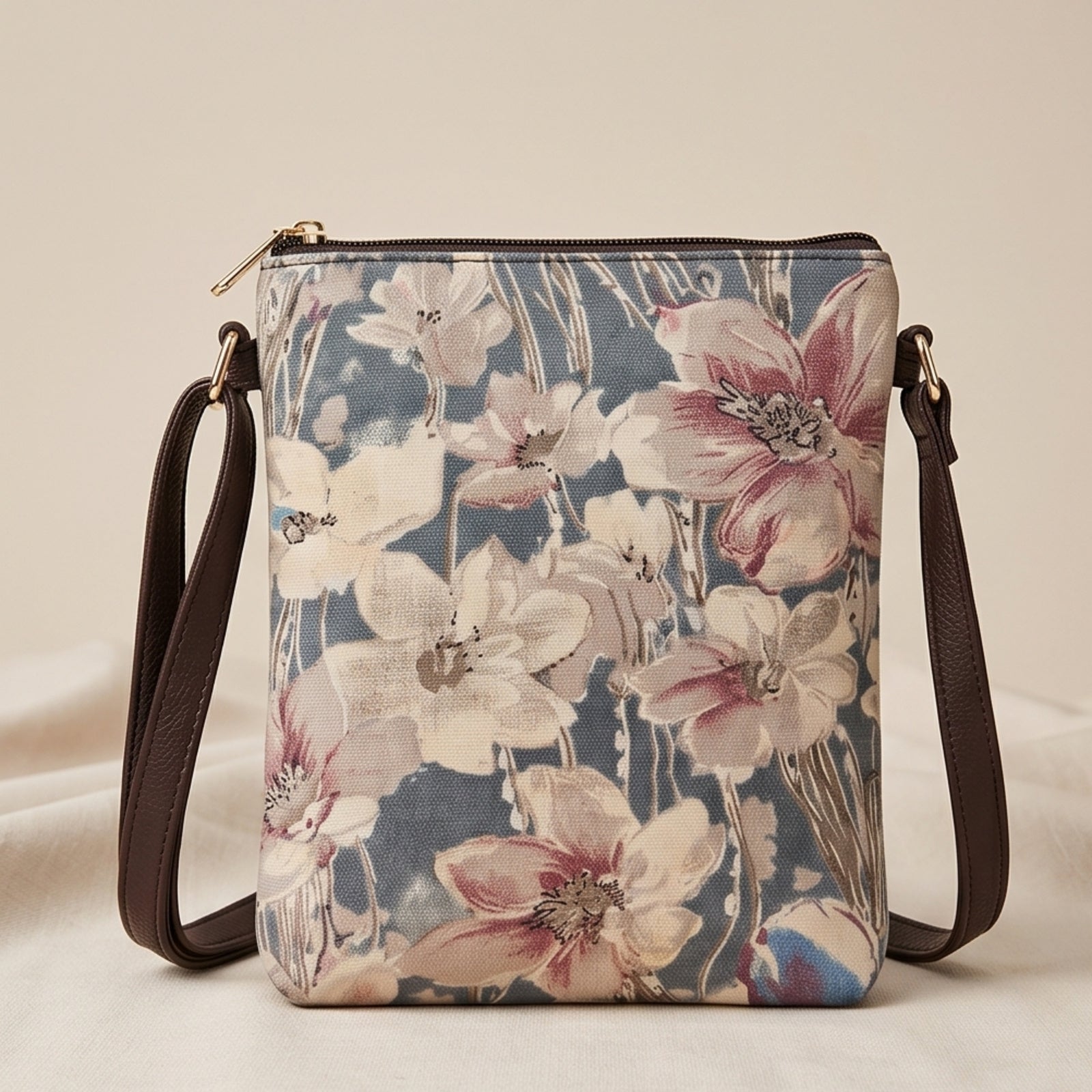 Women's Cream Floral Print Crossbody Sling Bag with Multi-Zip Compartments-2