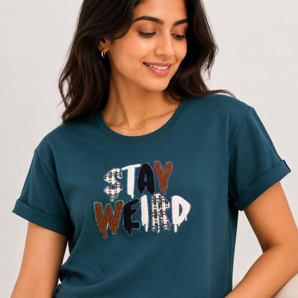Women's Stay Weird Graphic Printed Green T-Shirt-3