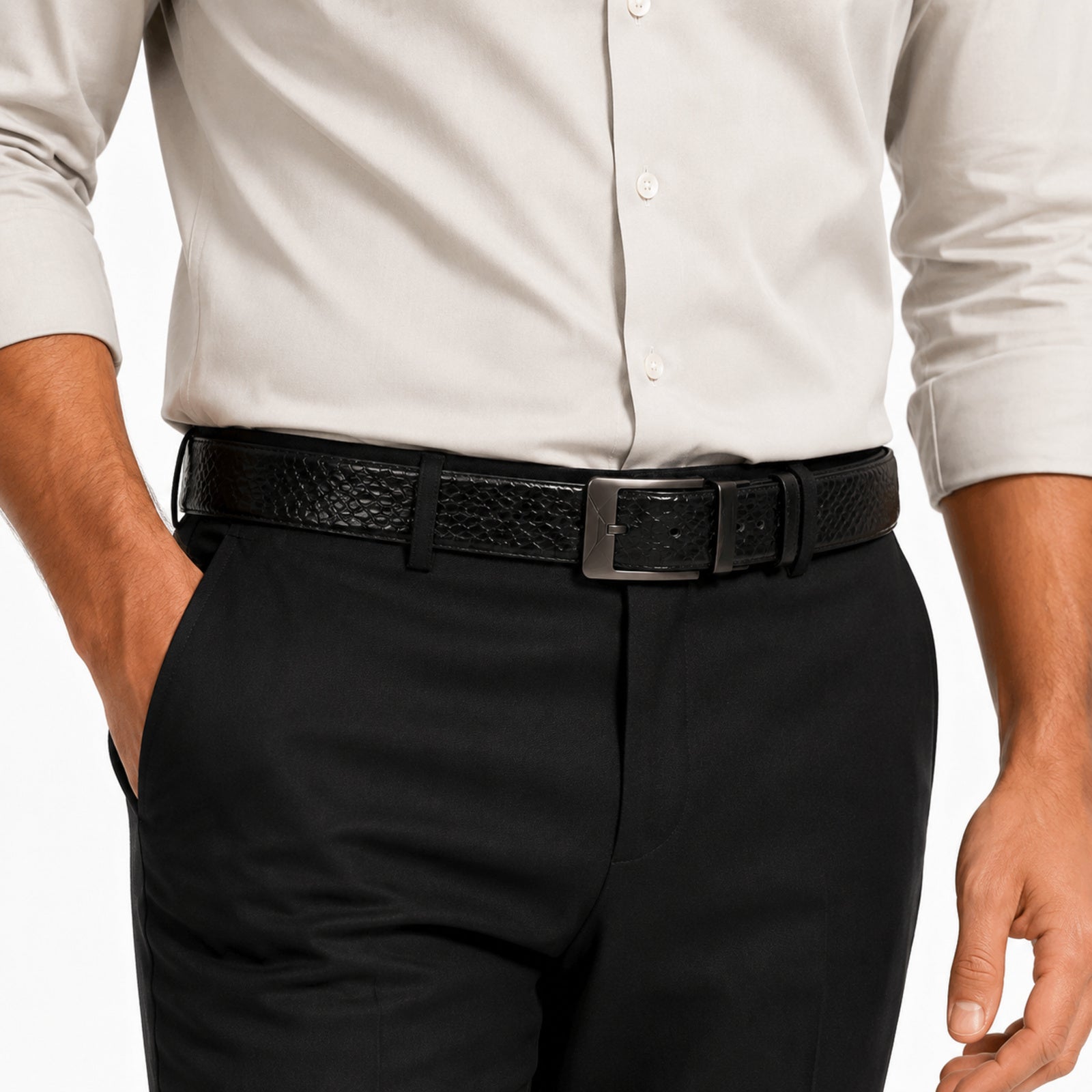 Men's Black Croc-Textured Leather Belt with Gunmetal Buckle-2