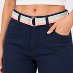 Title - Women's Sleek Comfort-Fit Dark Navy Blue Bootcut Trousers with Rainbow Pastel Belt-2