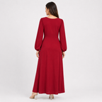 Women's Maroon Solid V-Neck Gathered Front Maxi Dress with Full Puff Sleeves-3