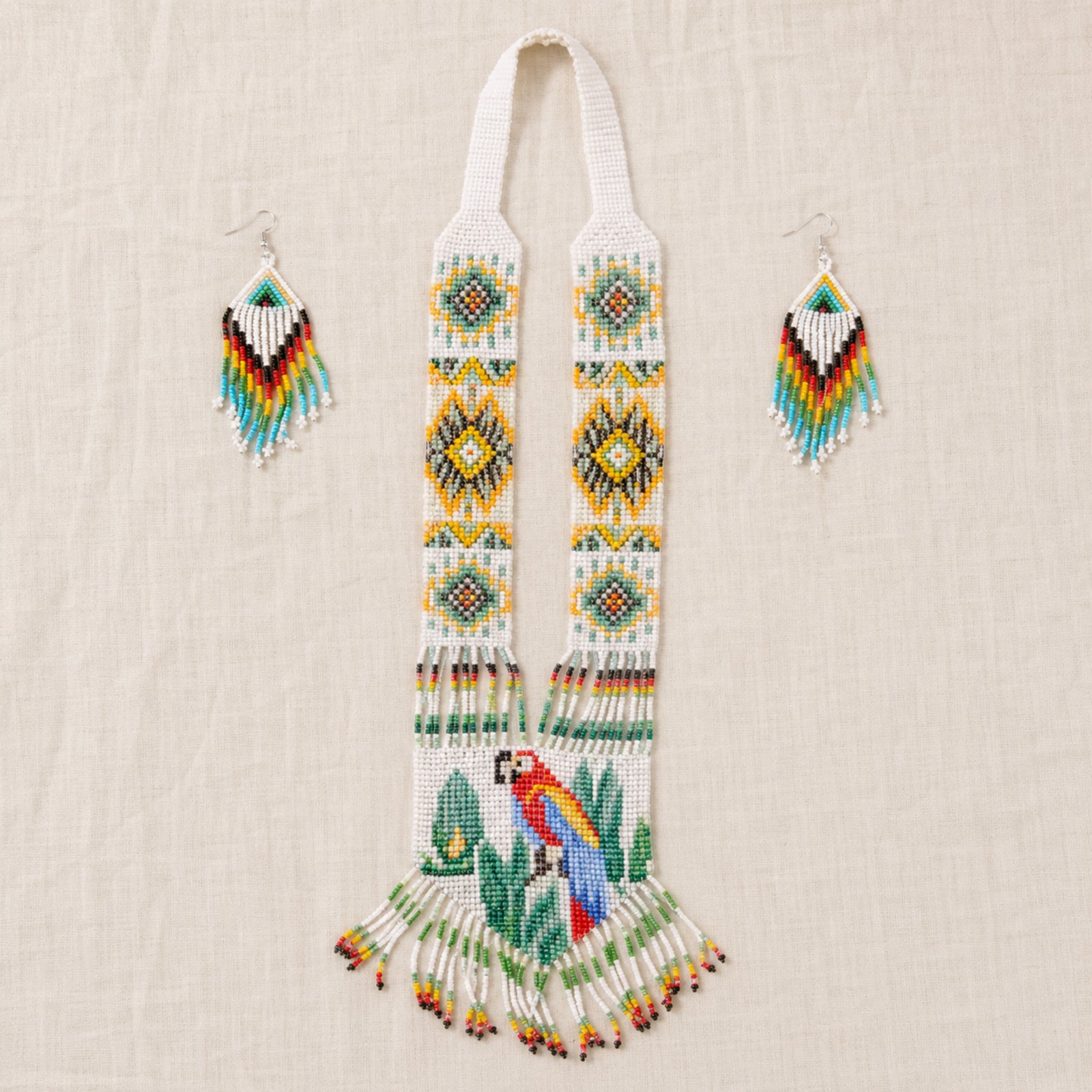 Women's White Handcrafted Beaded Necklace & Earring Set-1