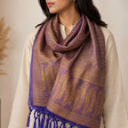 Women's Luxury Jacquard Golden Silk Stole with Purple Border and Tassel Fringe-3