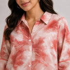 Women's Vibrant Peach Pink Tie-Dye Effect Button-Down Top-3