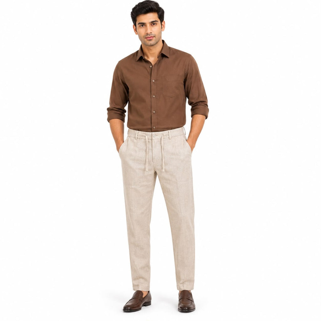 Men's Cream Pleated Drawcord Waist Tapered Casual Trousers-1
