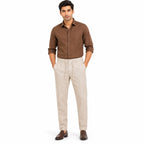 Men's Cream Pleated Drawcord Waist Tapered Casual Trousers-1