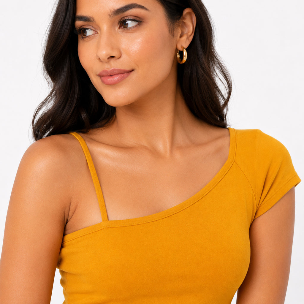 Women's Mustard Asymmetric Neck One-Shoulder Mini Dress | Solid Fitted Party Dress-2