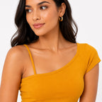 Women's Mustard Asymmetric Neck One-Shoulder Mini Dress | Solid Fitted Party Dress-2