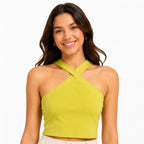Women's Parrot Green Criss-Cross Halter Neck Fitted Crop Top | Solid Sleeveless Party Top-3