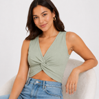Women's Pista Green Solid Twist Front Sleeveless V-Neck Crop Top-4