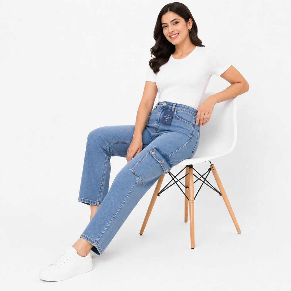 Women's Light Blue High-Rise Cargo Jeans | Wide Leg Denim Pants with Utility Pockets-2