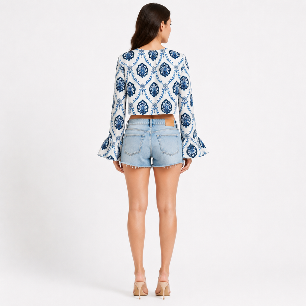 Women's White Blue Floral Print Bell Sleeve Crop Top-2