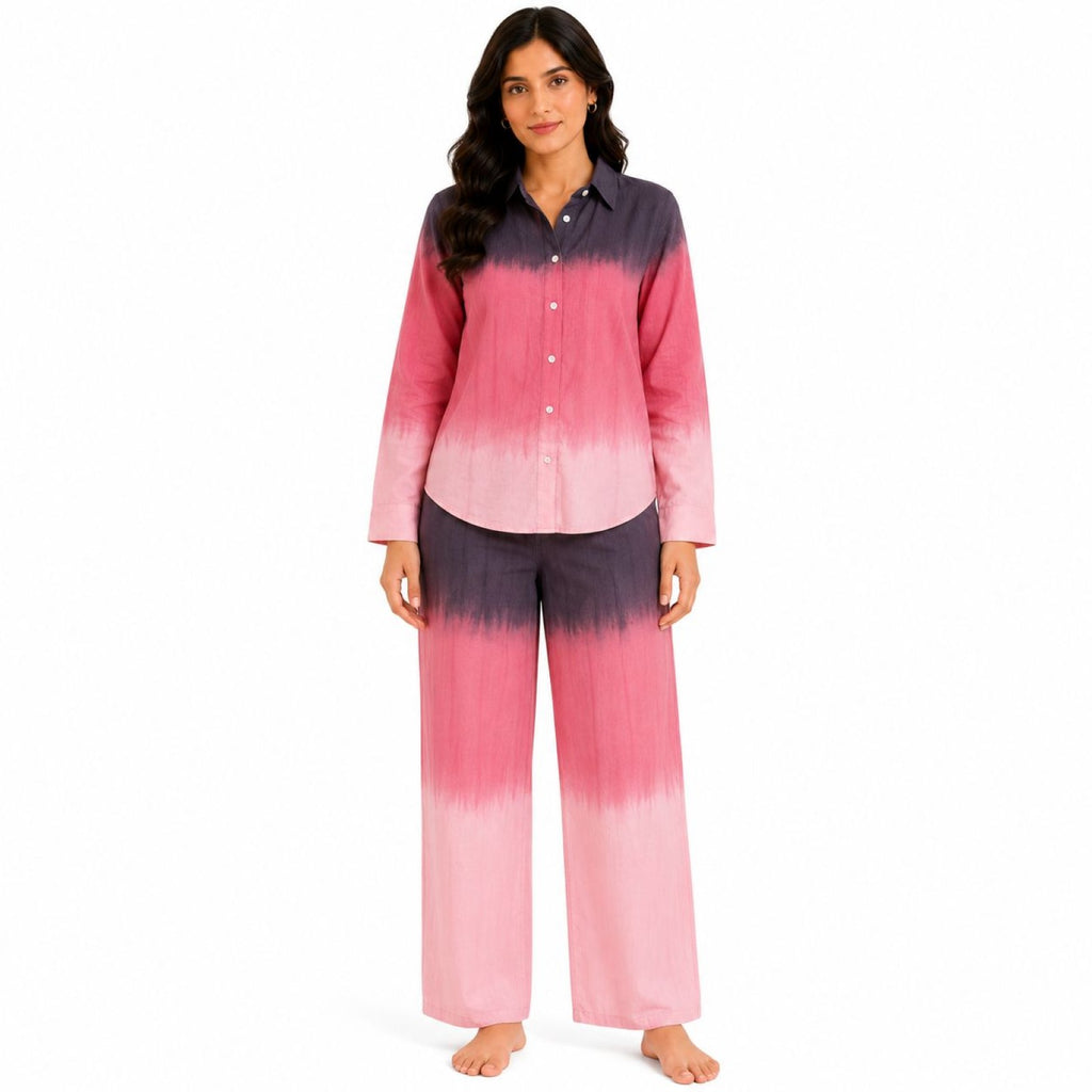 Women's Pink Ombre Dyed Collared Shirt and Wide-Leg Pyjama Co-Ord Set | Relaxed Lounge Set-1