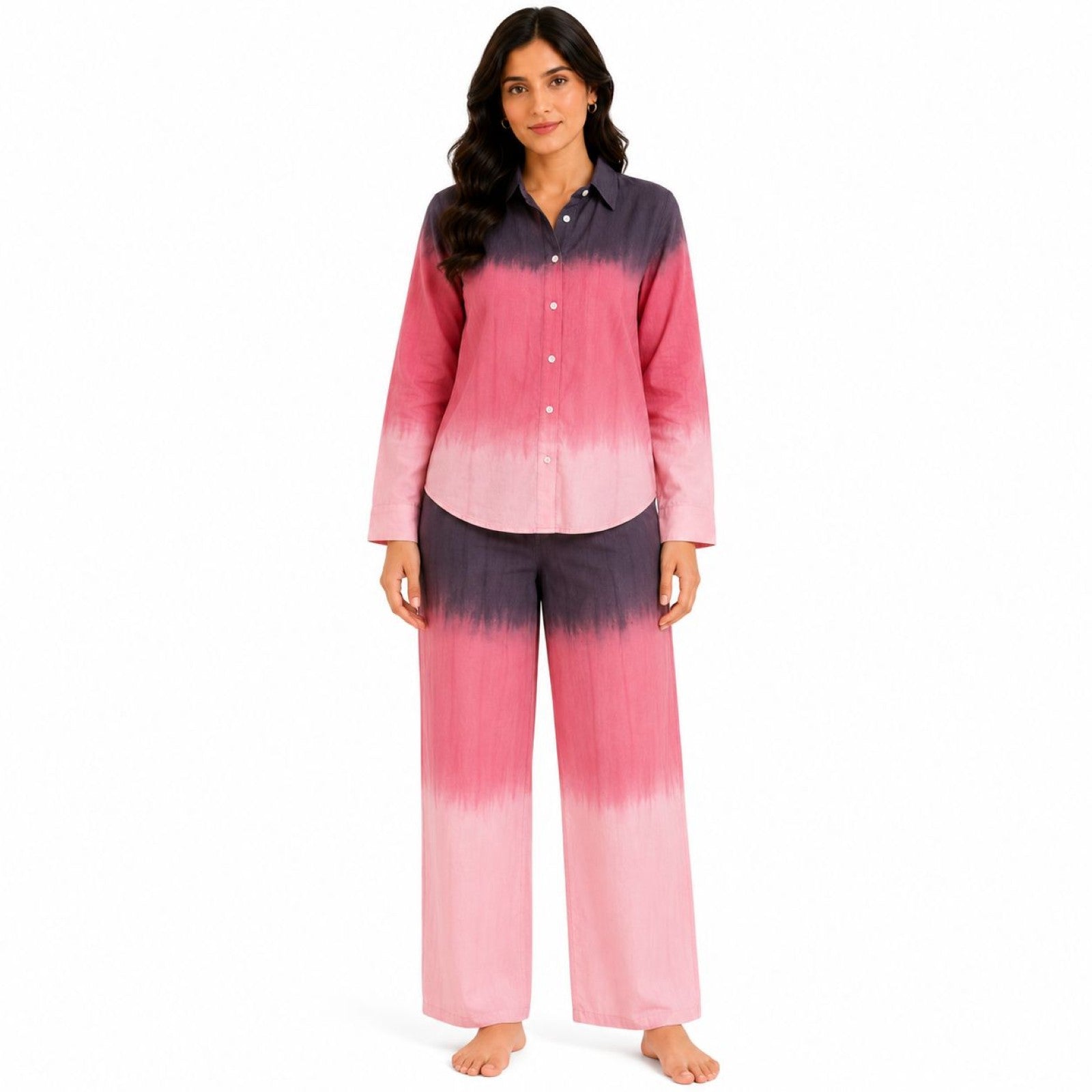 Women's Pink Ombre Dyed Collared Shirt and Wide-Leg Pyjama Co-Ord Set | Relaxed Lounge Set-1