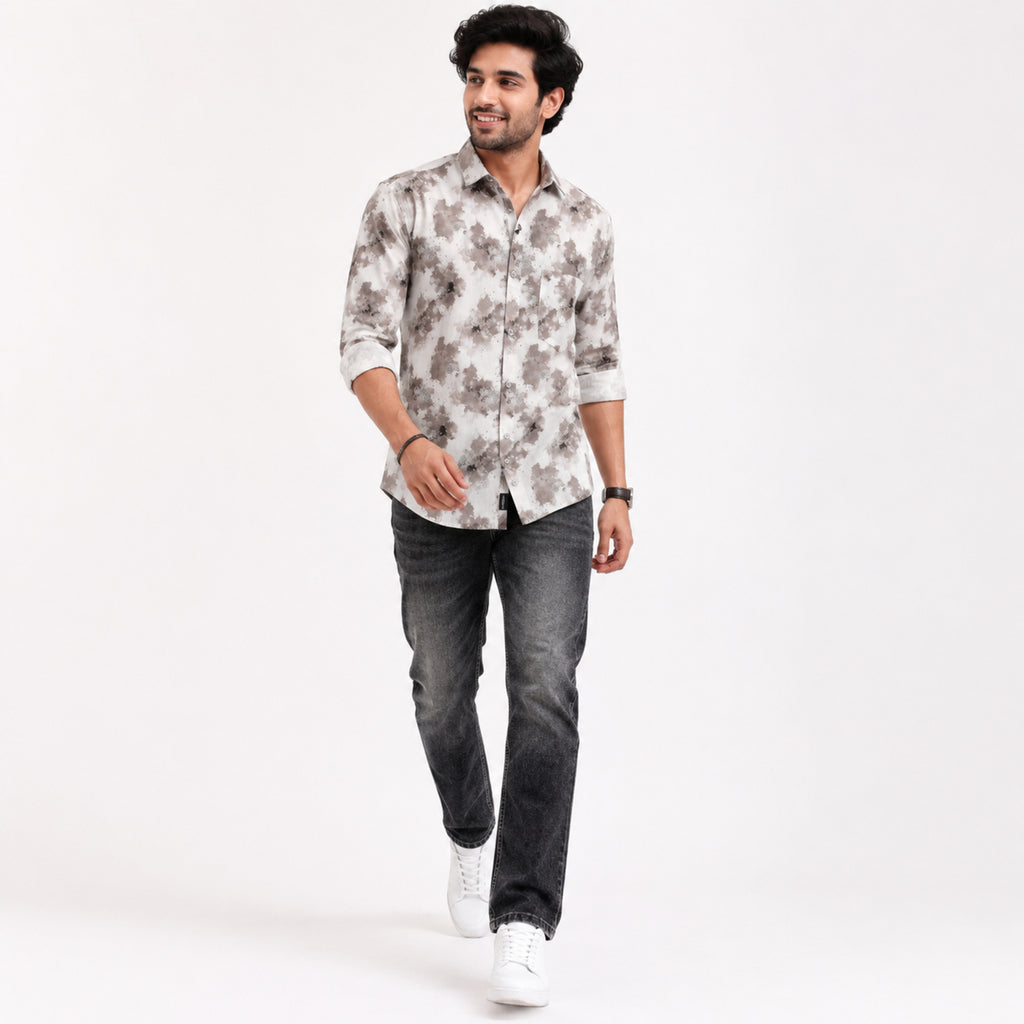 Men's White Floral Print Casual Shirt-2