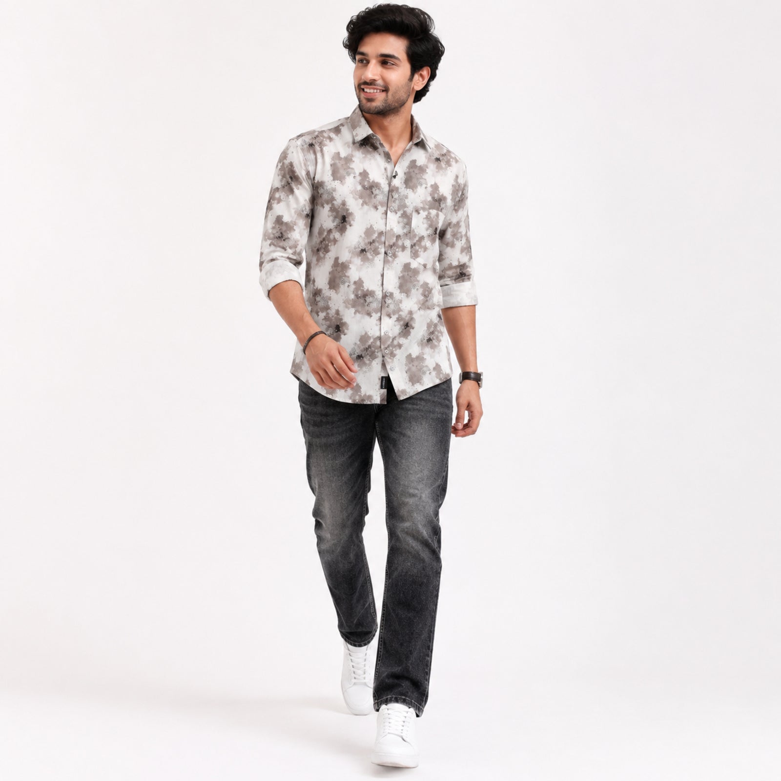 Men's White Floral Print Casual Shirt-2