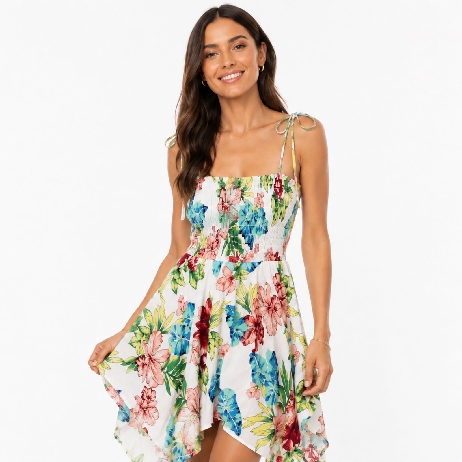 Women's Rainbow Floral Shoulder Tie Smocked Handkerchief Hem Dress | Breezy Resort Wear Mini Dress-2