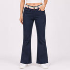 Title - Women's Sleek Comfort-Fit Dark Navy Blue Bootcut Trousers with Rainbow Pastel Belt-1