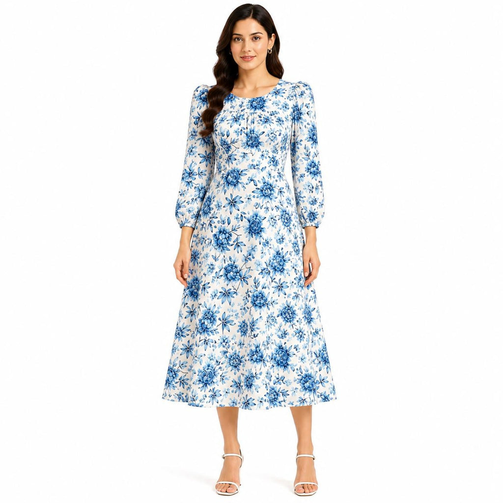 Women's Blue Floral Printed Midi Dress with Round Neck & Full Sleeves-1
