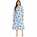 Women's Blue Floral Printed Midi Dress with Round Neck & Full Sleeves-1