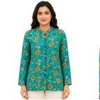 Women's Teal Blue Printed Jacket Full Sleeve Floral Button-Front Longline Jacket-1