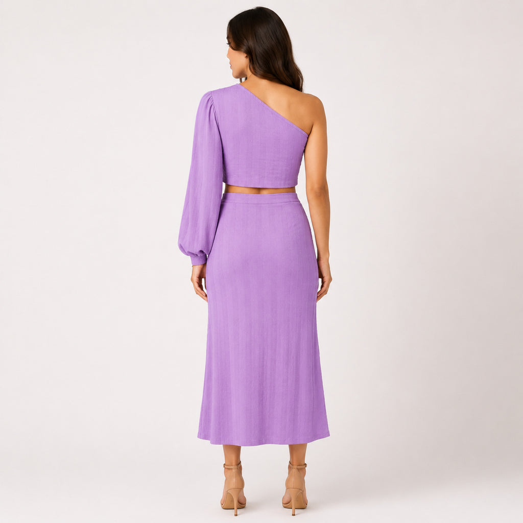 Women's Purple One-Shoulder Crop Top and Midi Skirt Co-Ord Set-4