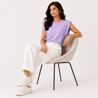 Women's Lavender Padded Shoulder Sleeveless Top | Solid Relaxed Fit Muscle Tee-3