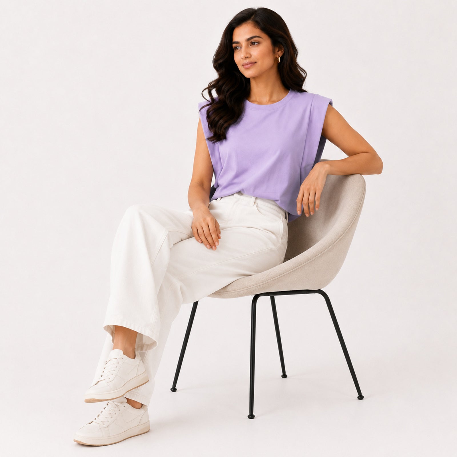 Women's Lavender Padded Shoulder Sleeveless Top | Solid Relaxed Fit Muscle Tee-3
