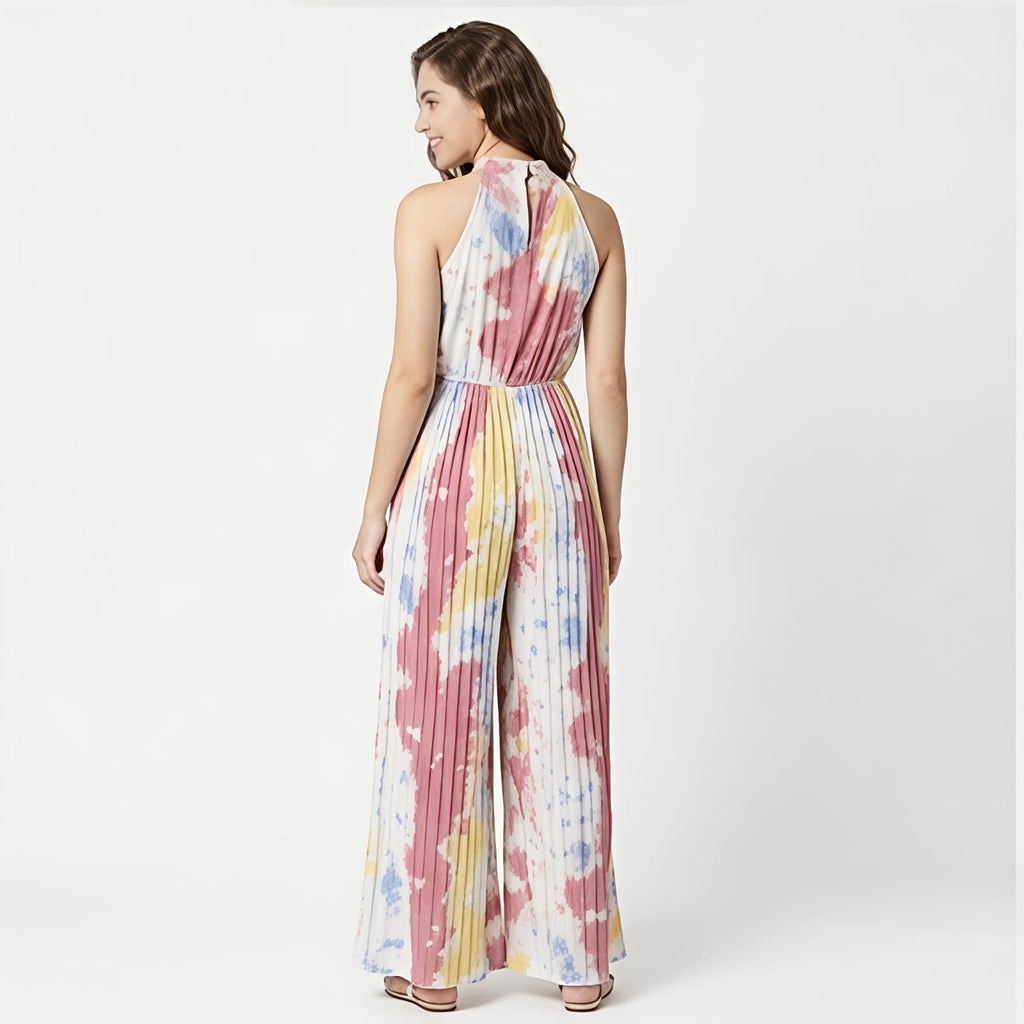Women's Pastel Abstract Print Pleated Jumpsuit-4