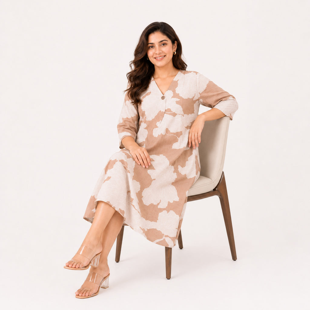 Women's Light Brown Leaf Print V-Neck Three-Quarter Sleeve A-Line Dress | Relaxed Casual Day Dress-2