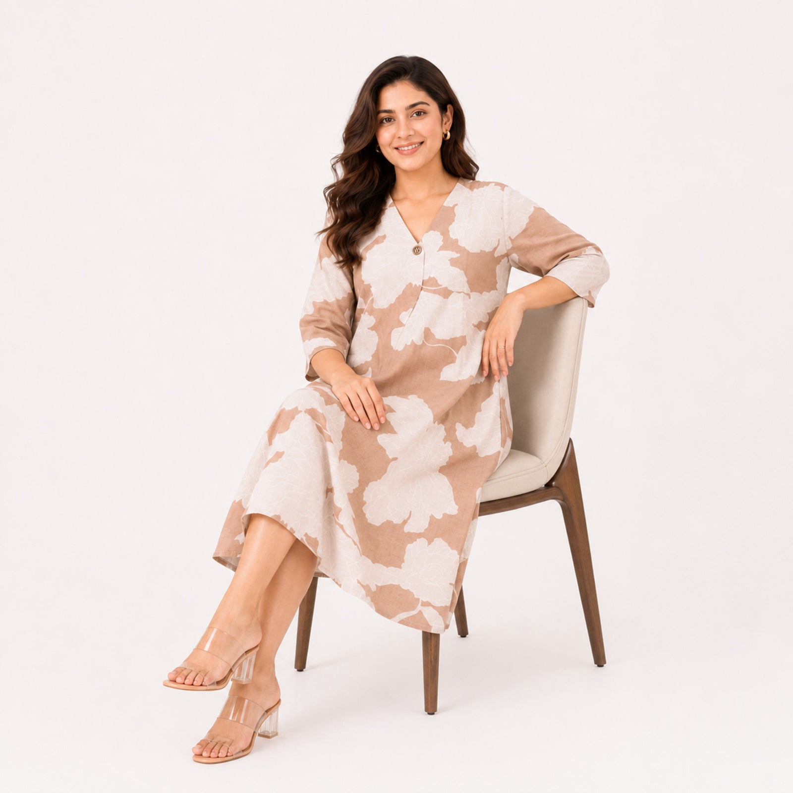 Women's Light Brown Leaf Print V-Neck Three-Quarter Sleeve A-Line Dress | Relaxed Casual Day Dress-2