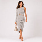 Women's Peach One-Shoulder Draped Crop Top & Tulip Midi Skirt Co-Ord Set-4