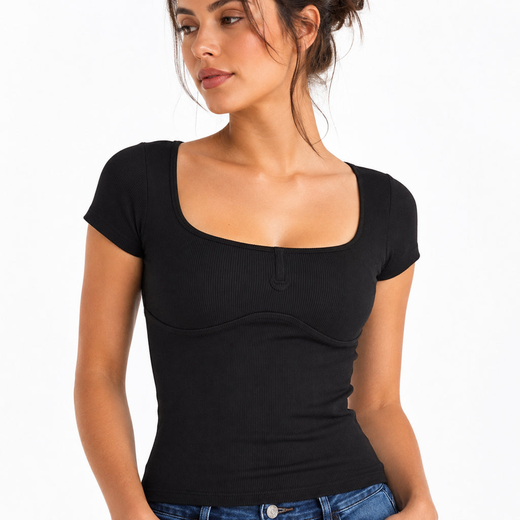 Women's Black Ribbed Scoop Neck Fitted Casual Top-2